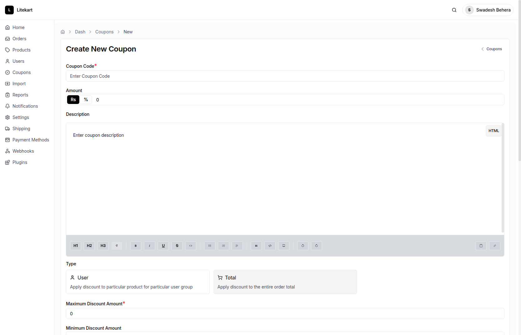 Add Coupons - Litekart Admin