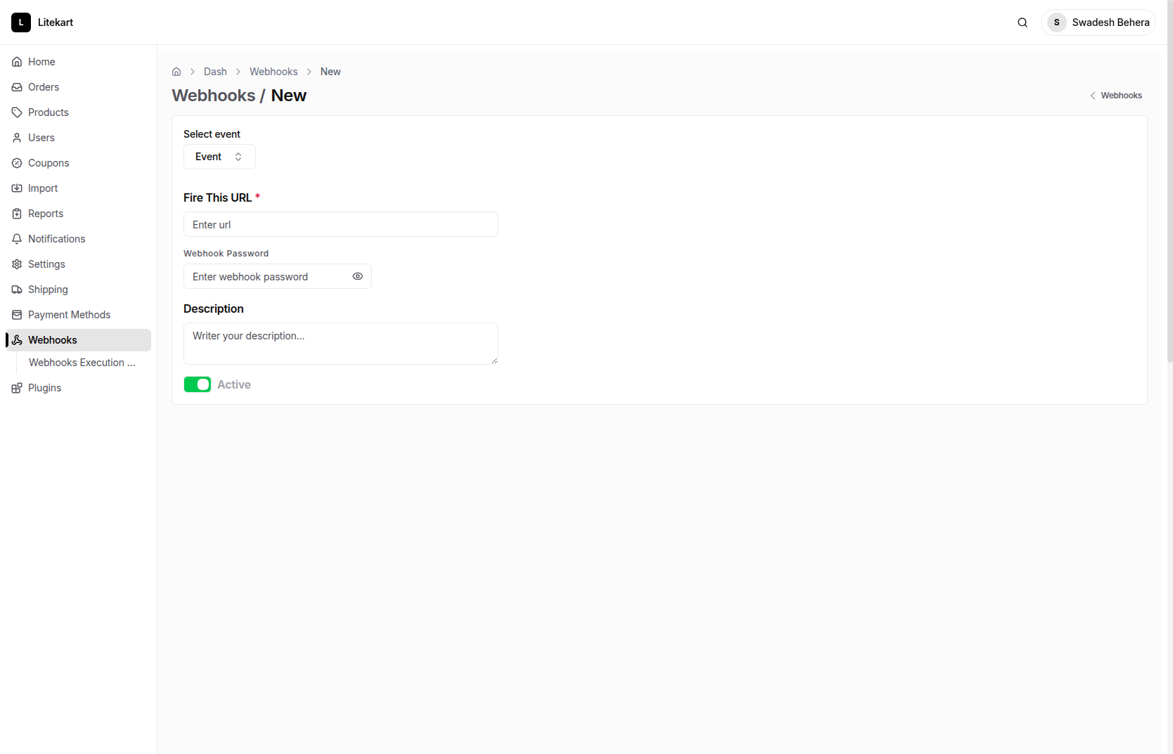 Add webhook - Litekart Admin