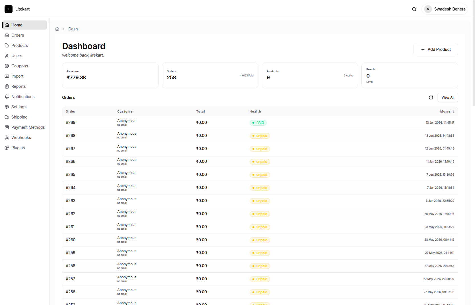 Dashboard - Litekart Admin