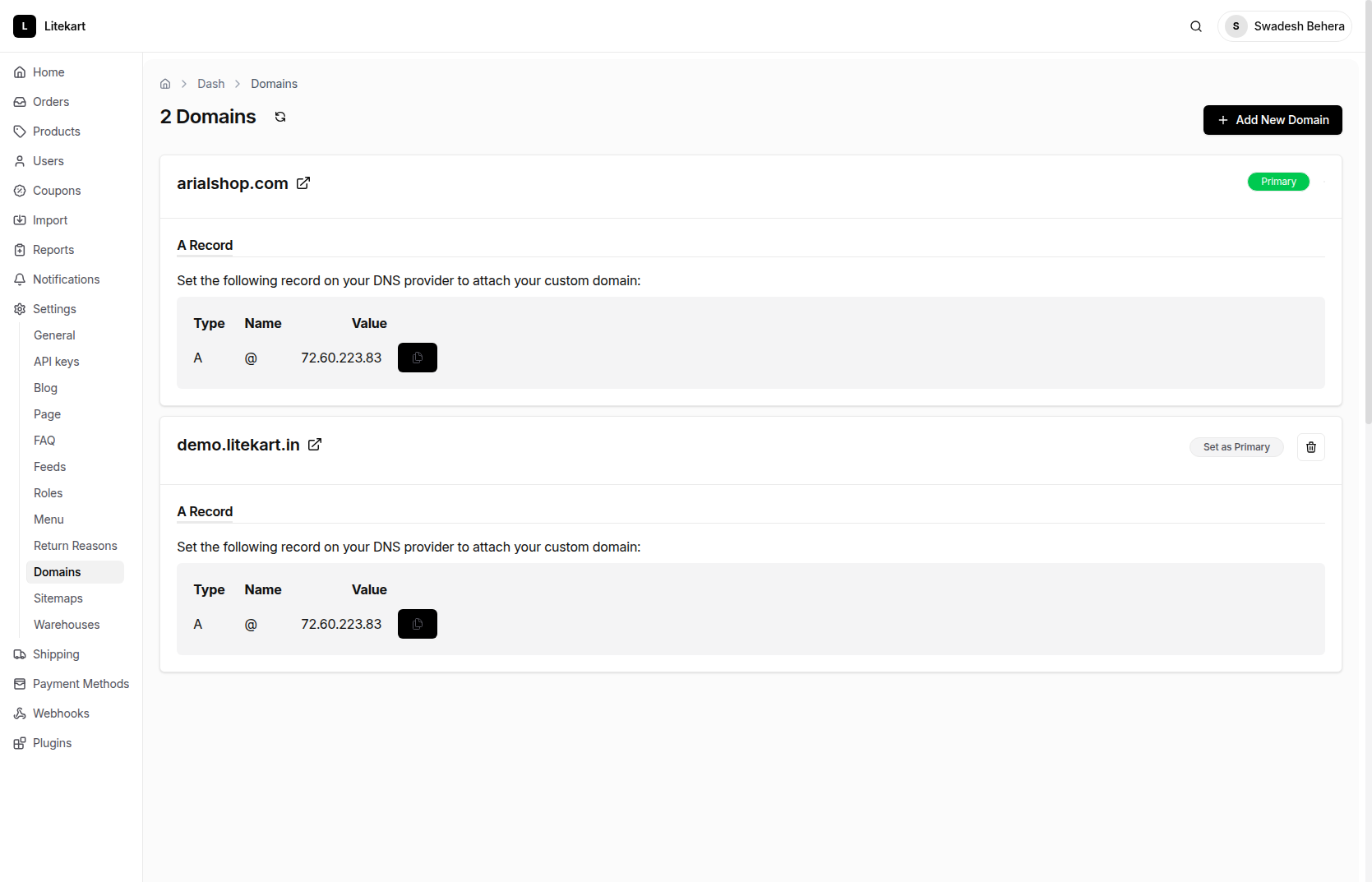 Domains - Litekart Admin