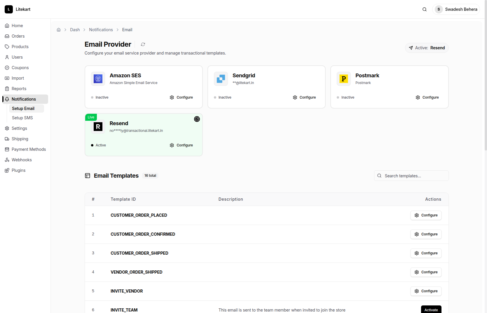Email providers - Litekart Admin