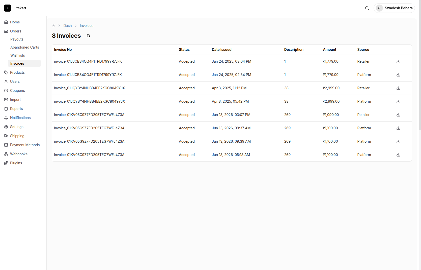 Invoices - Litekart Admin
