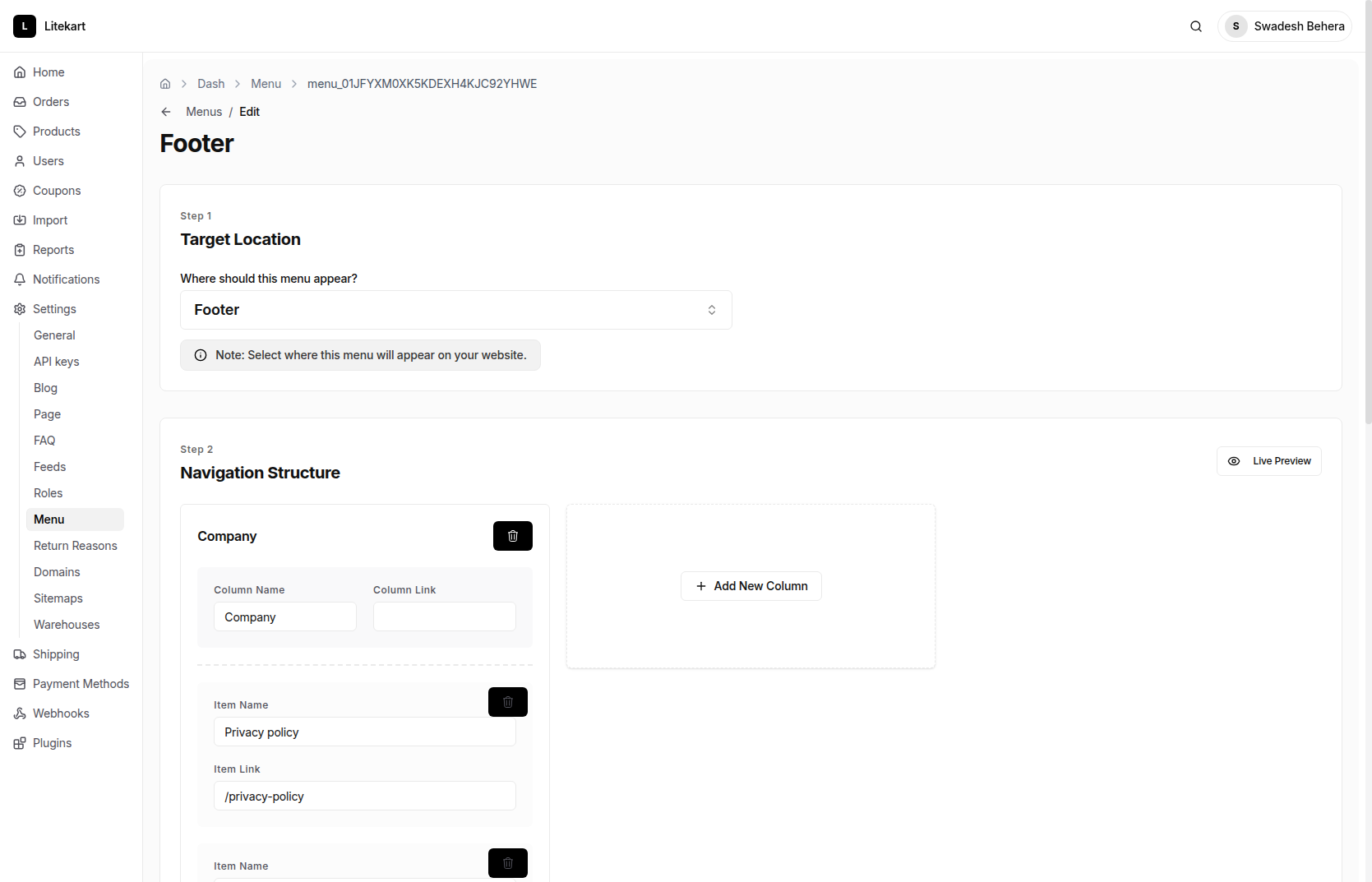 Menu - Litekart Admin