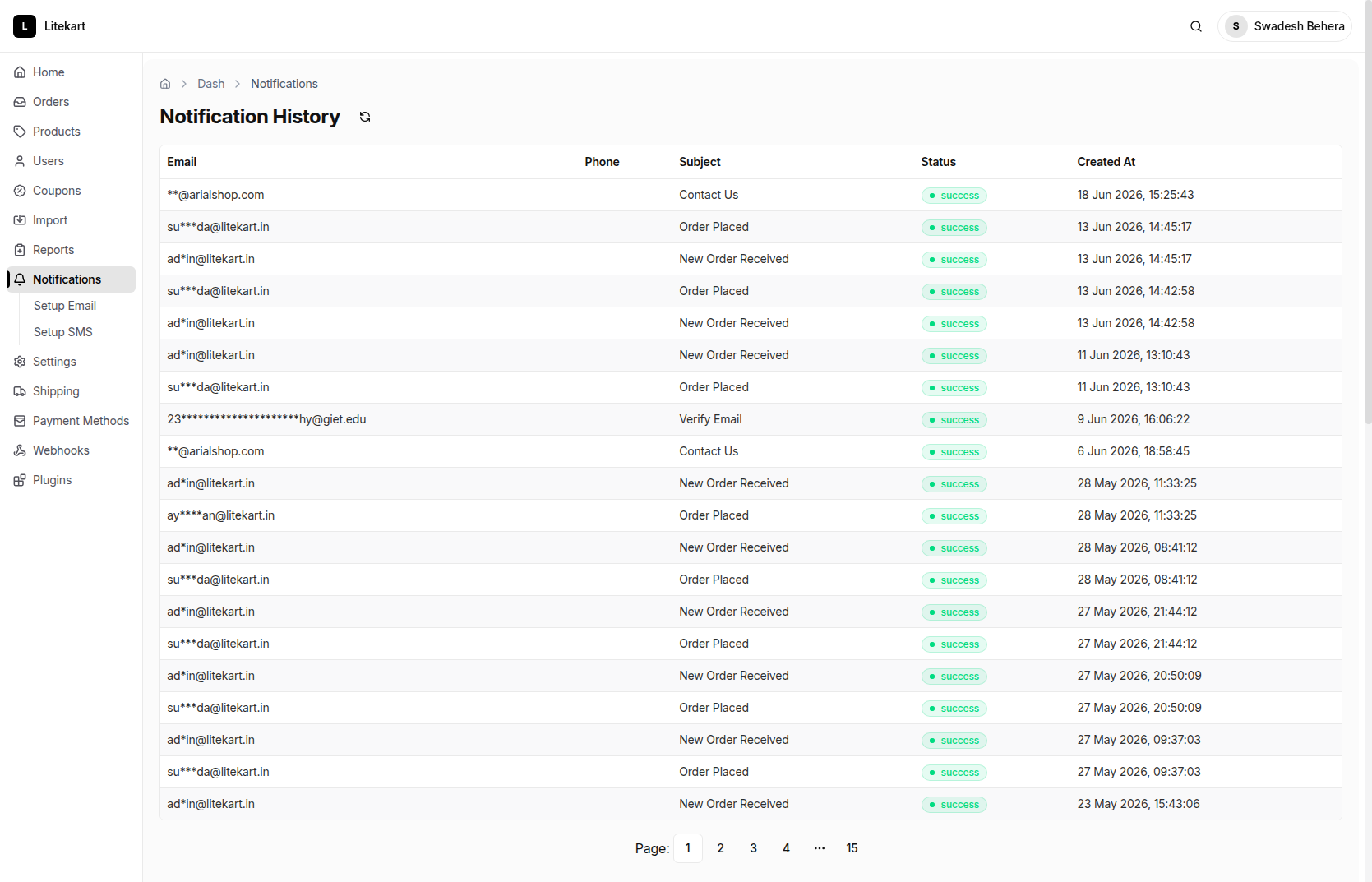 Notification history - Litekart Admin