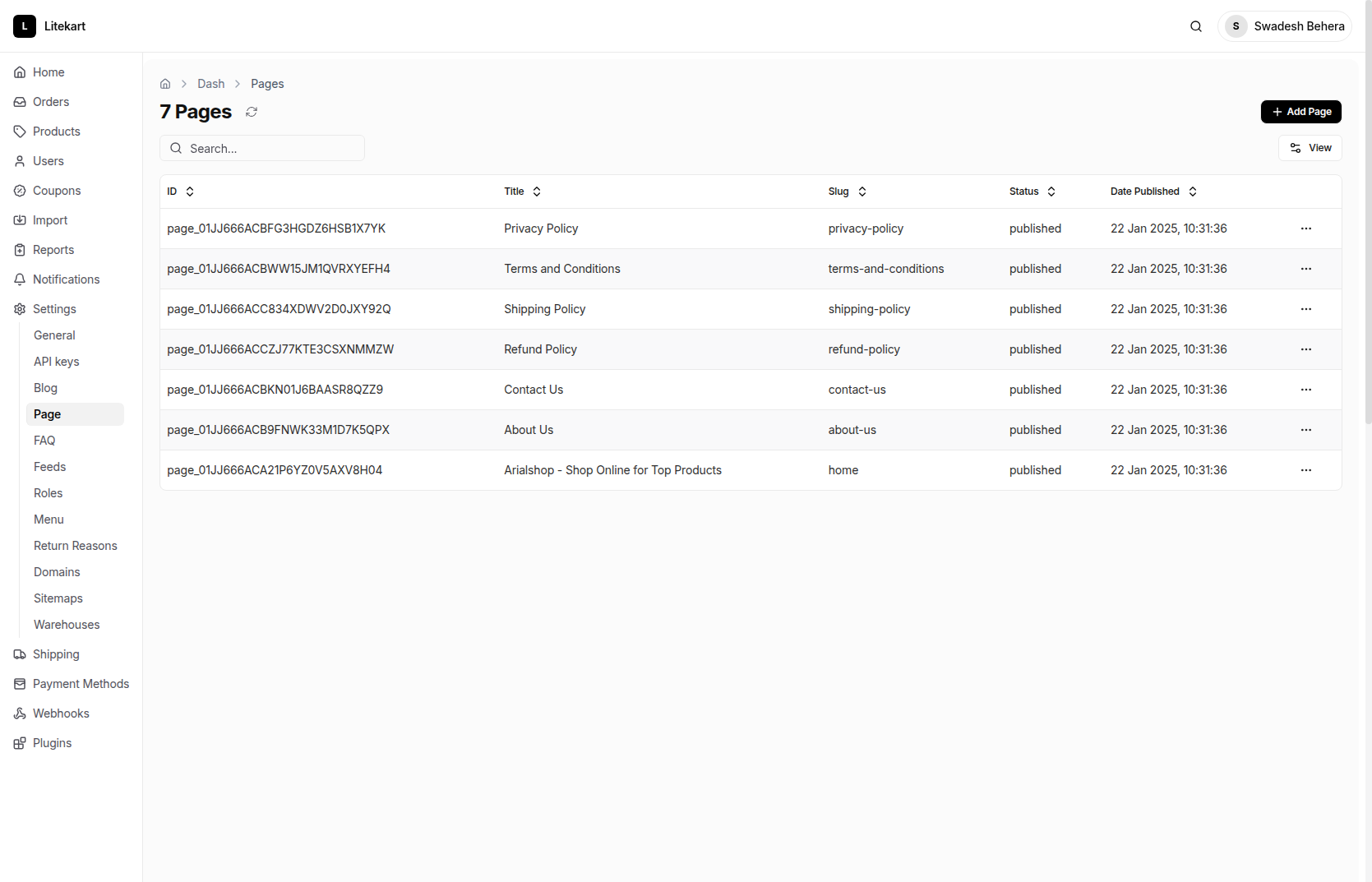 Pages - Litekart Admin