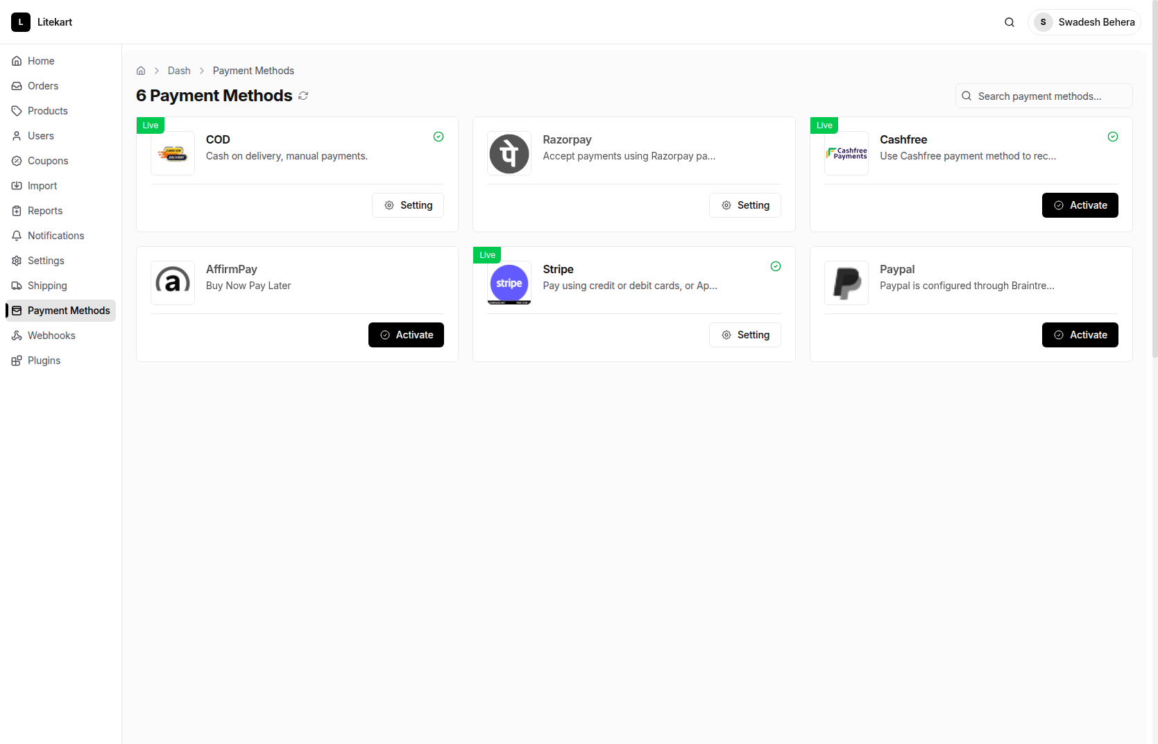 Payment methods - Litekart Admin