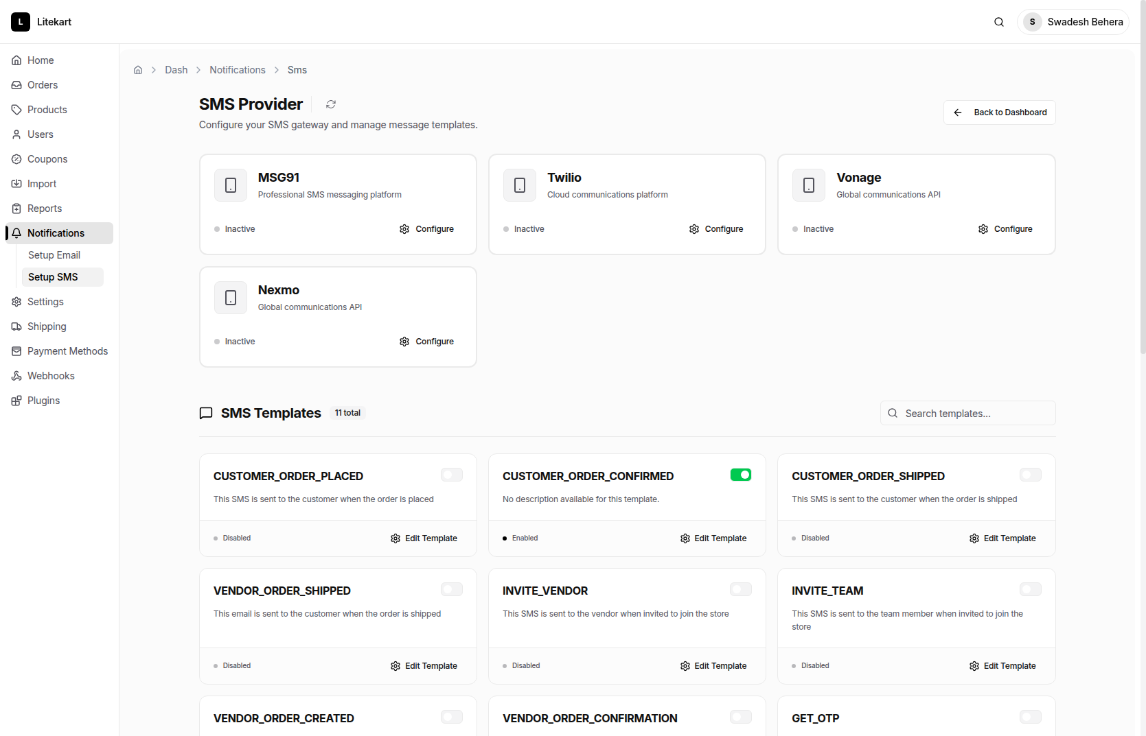 SMS providers - Litekart Admin