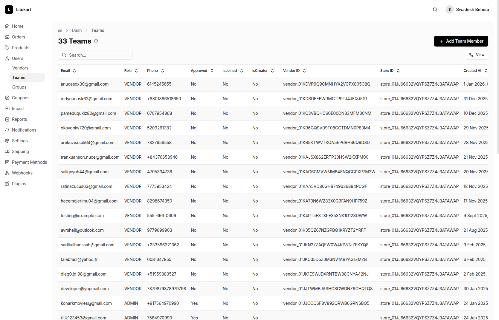 Teams - Litkart Admin