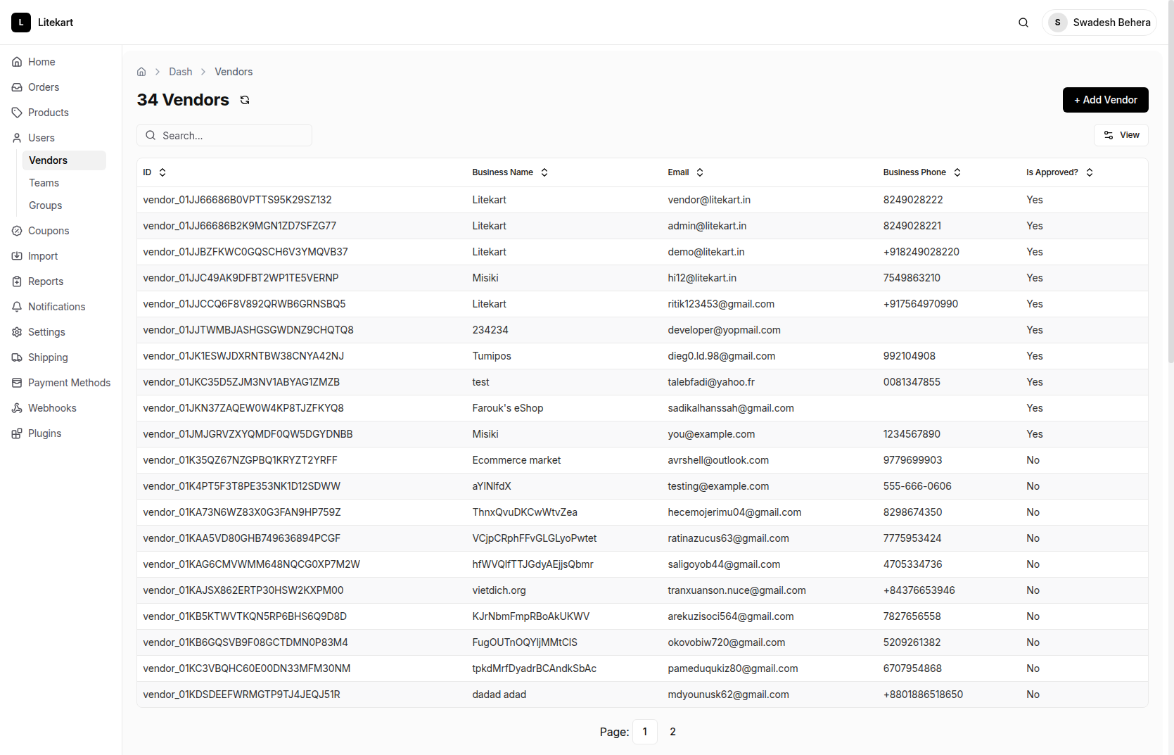 Vendors - Litekart Admin