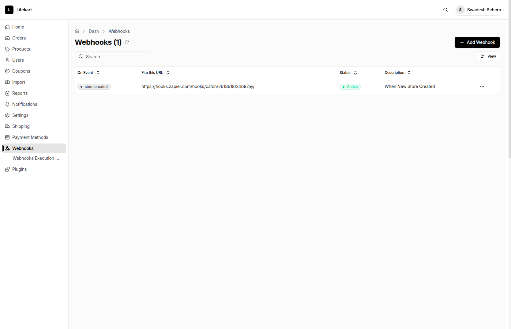 Webhooks - Litekart Admin